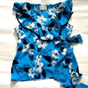 Yum Kim silk wrap around blue floral ruffle sleeveless top